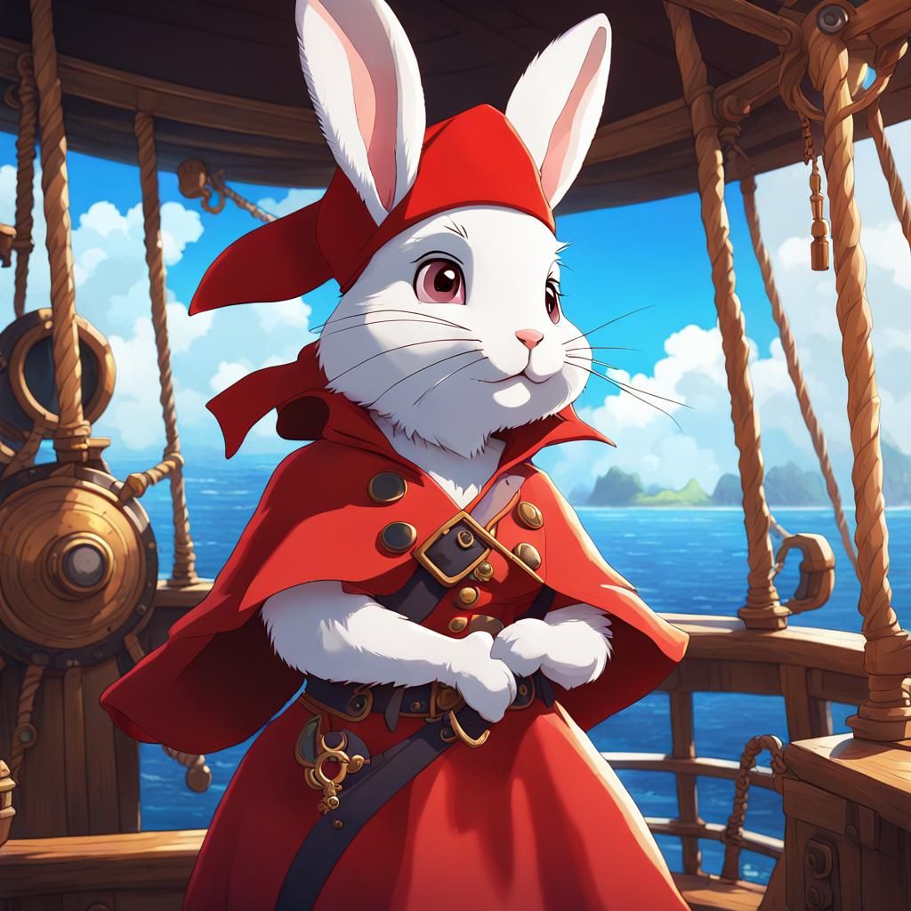 Anime Pirate Rabbit on Ship in Ghibli Style