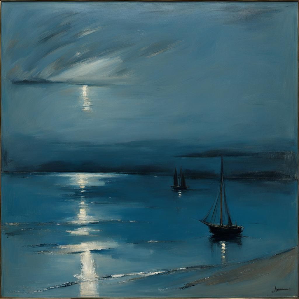 Blue and Silver Nocturne Seascape