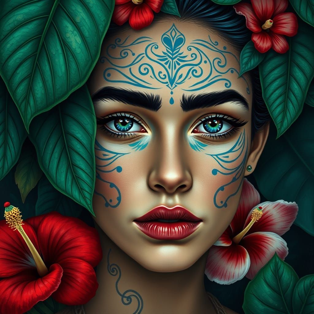 Surrealist Portrait of a Young Woman in Tribal Face Paint, A...