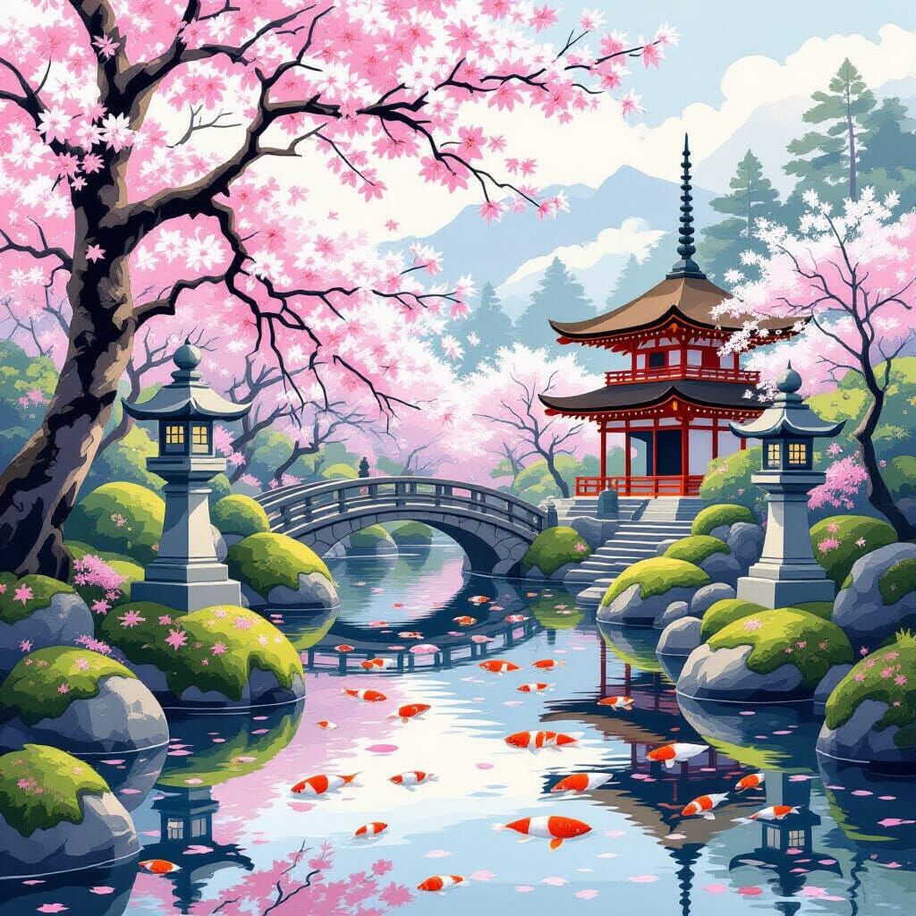 Serene Japanese Garden with Koi Pond and Cherry Blossoms