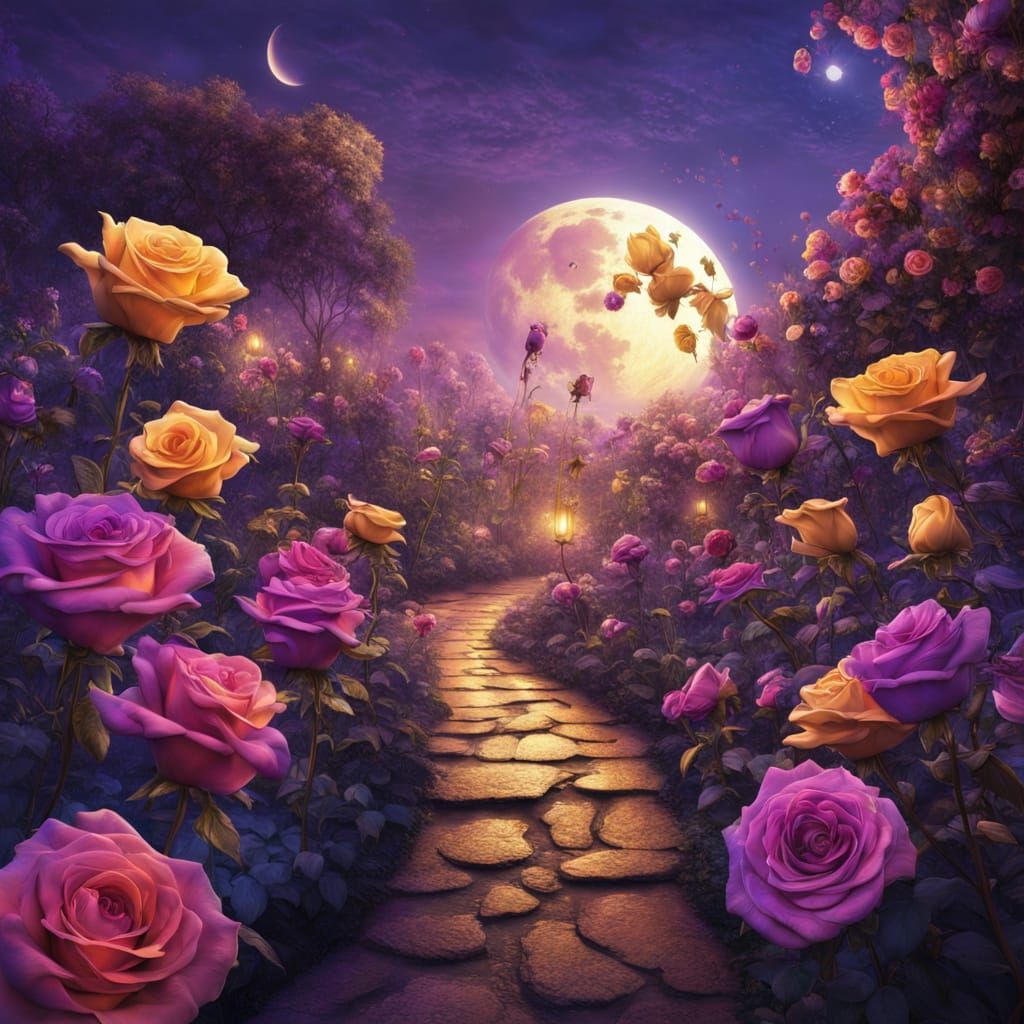 Surreal Moonlit Garden with Rainbow Roses in a Vibrant Oil P...
