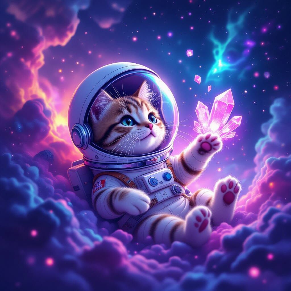 Cosmic Cat Astronaut Reaches for Glowing Crystals