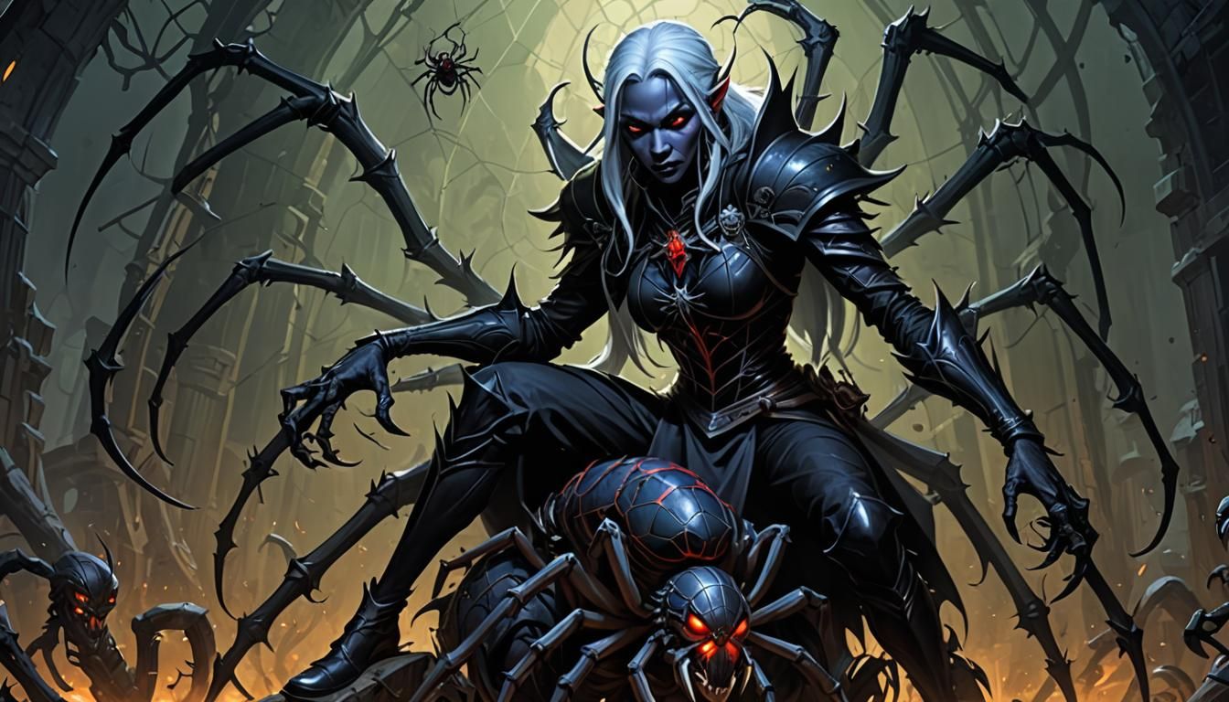 Drow Cleric of Lolth Riding a Spider
