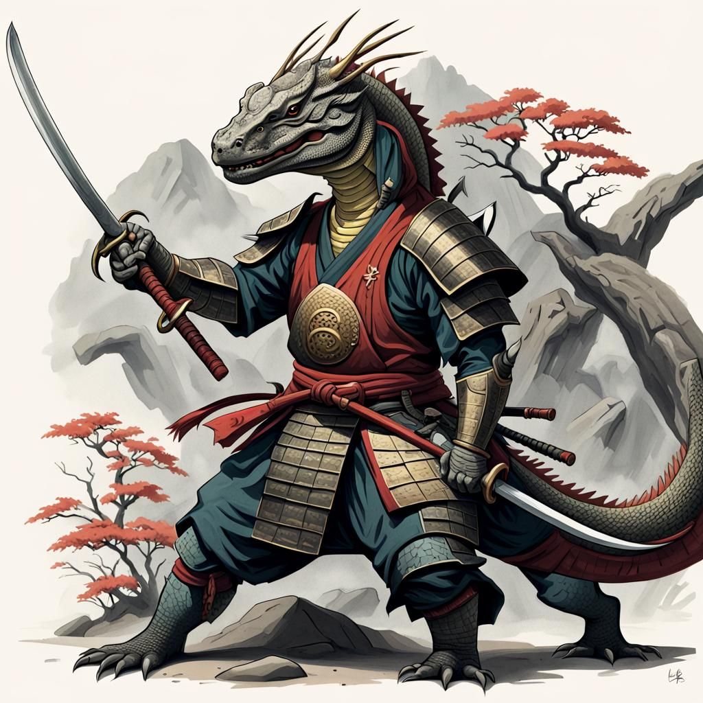 A Komodo dragon samurai