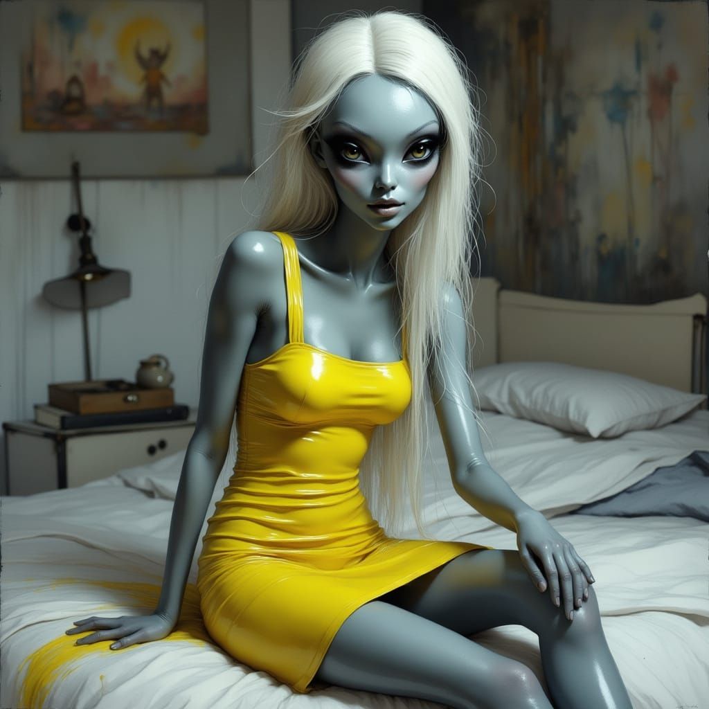 Alien Woman in Yellow Dress in Modern Bedroom
