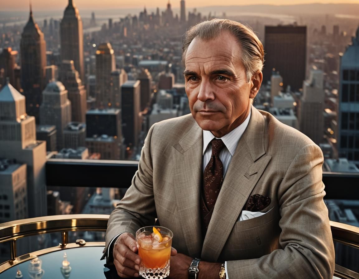 Art Deco Rooftop Bar at Sunset, High-End Portrait