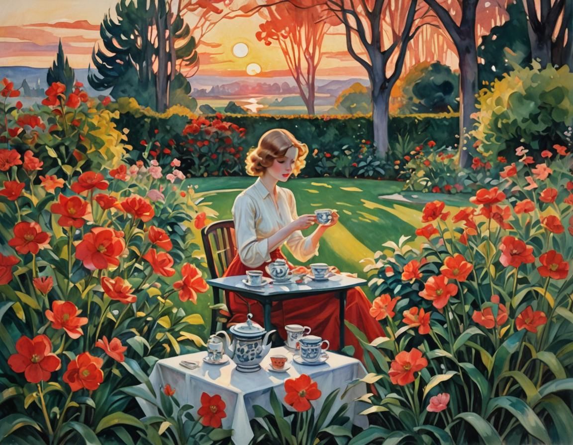 Sunset Tea Garden in Cubist Art Deco Style