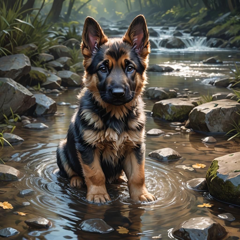 German Shepherd Puppy Portrait in Stream, Detailed Art