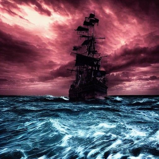 Ominous Pirate Ship on Rough Seas in Photorealistic Style