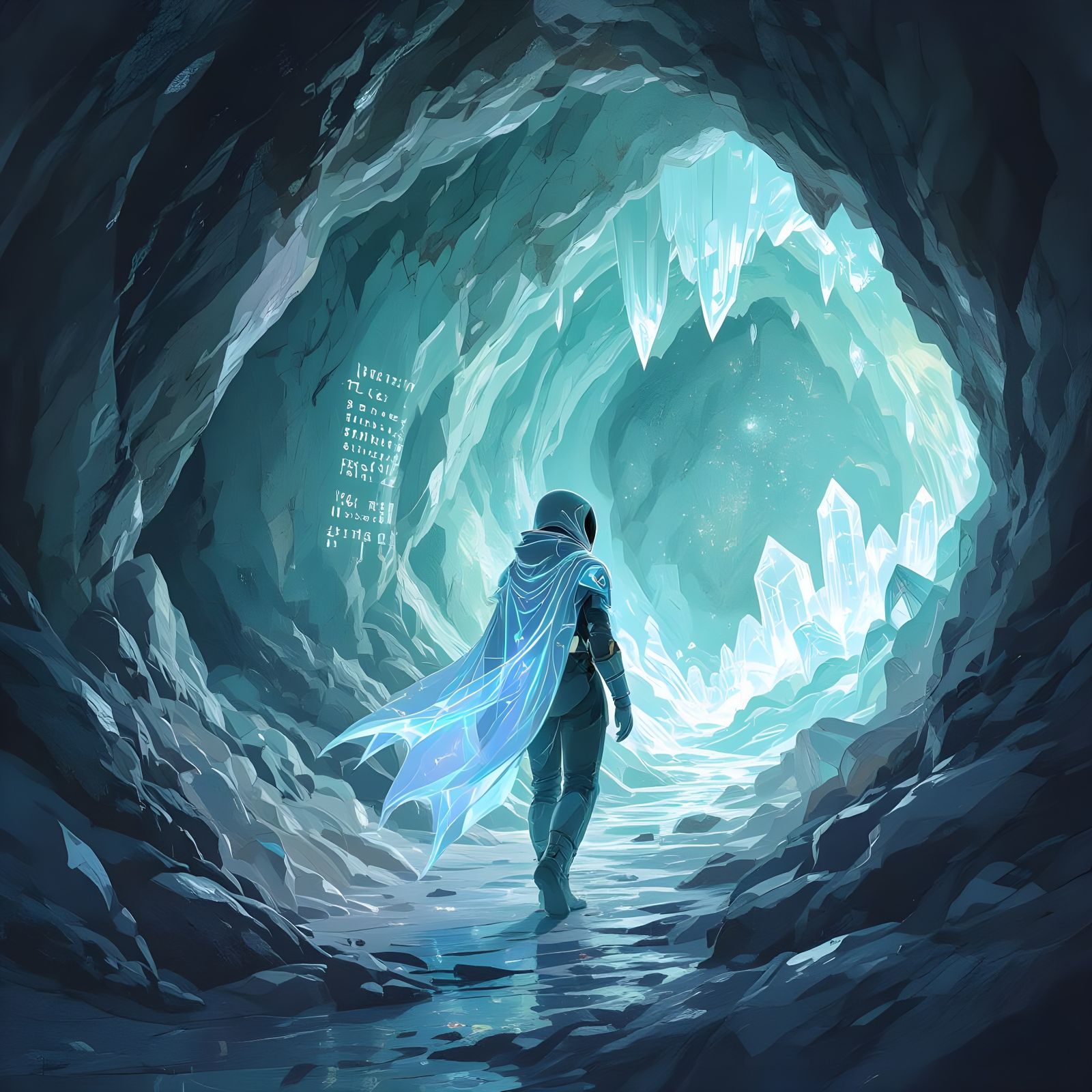 Explorer in Bioluminescent Suit Navigates Glowing Crystallin...