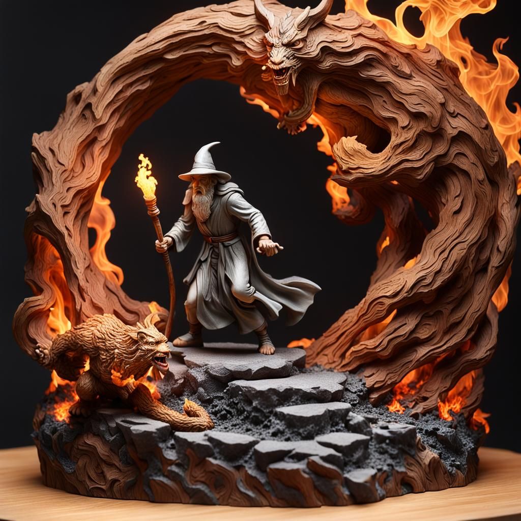 Gandalf Battles Balrog: Hyperrealistic Wood Carving