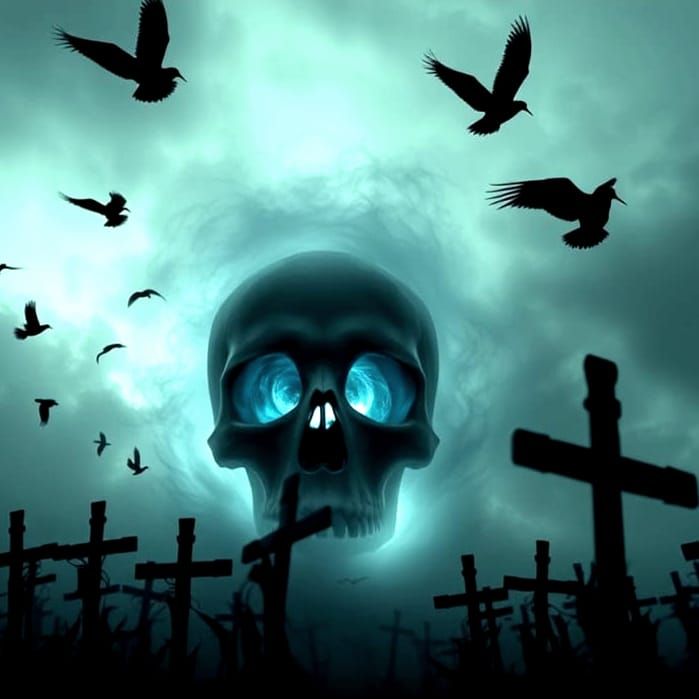 a spectral skull with glowing eyes emerging over a field of ...