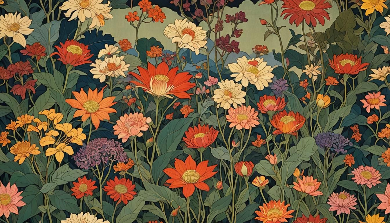 Exotic Flowers in Layered Composition: Bauhaus Ukiyo-e Style