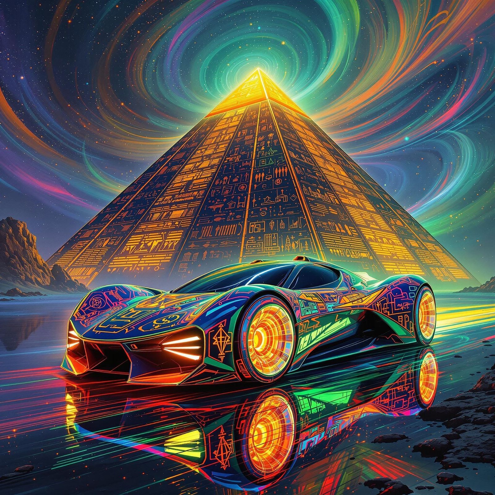 Iridescent Supercar and Luminous Pyramid