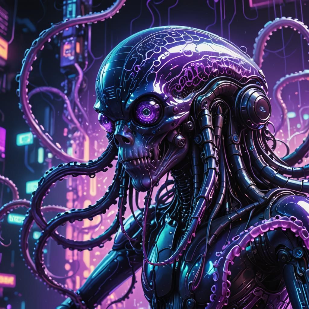 Translucent Cyberpunk Android DJ in Matrix Hologram