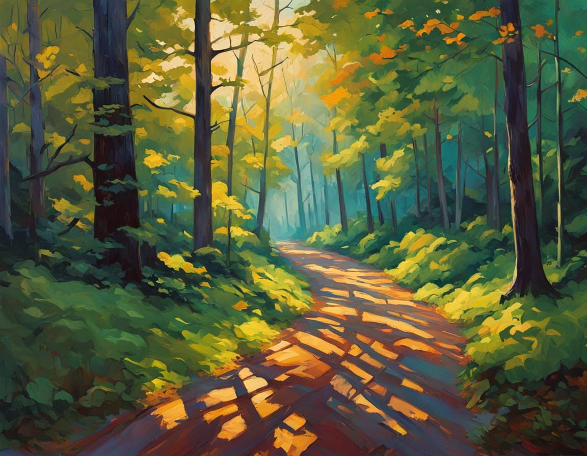 Winding Road Through Emerald Forest, Impasto Oil Painting