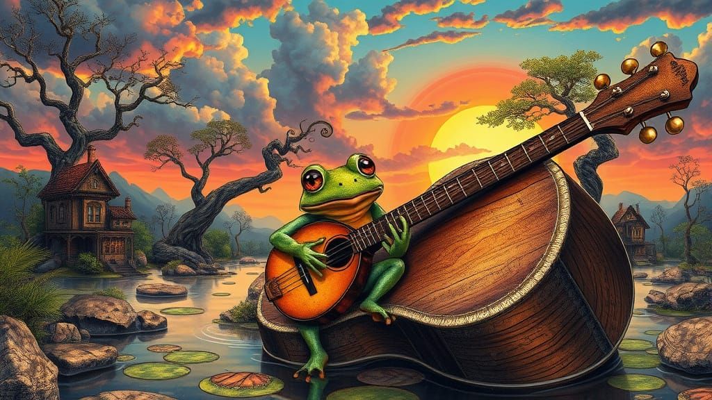 Mystical Banjo Serenade in Vibrant Tropical Swamp