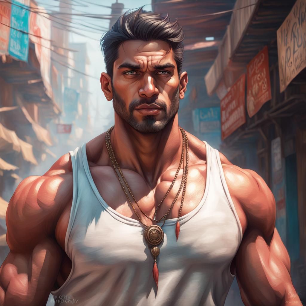 Detailed Portrait of Muscular Indian Man