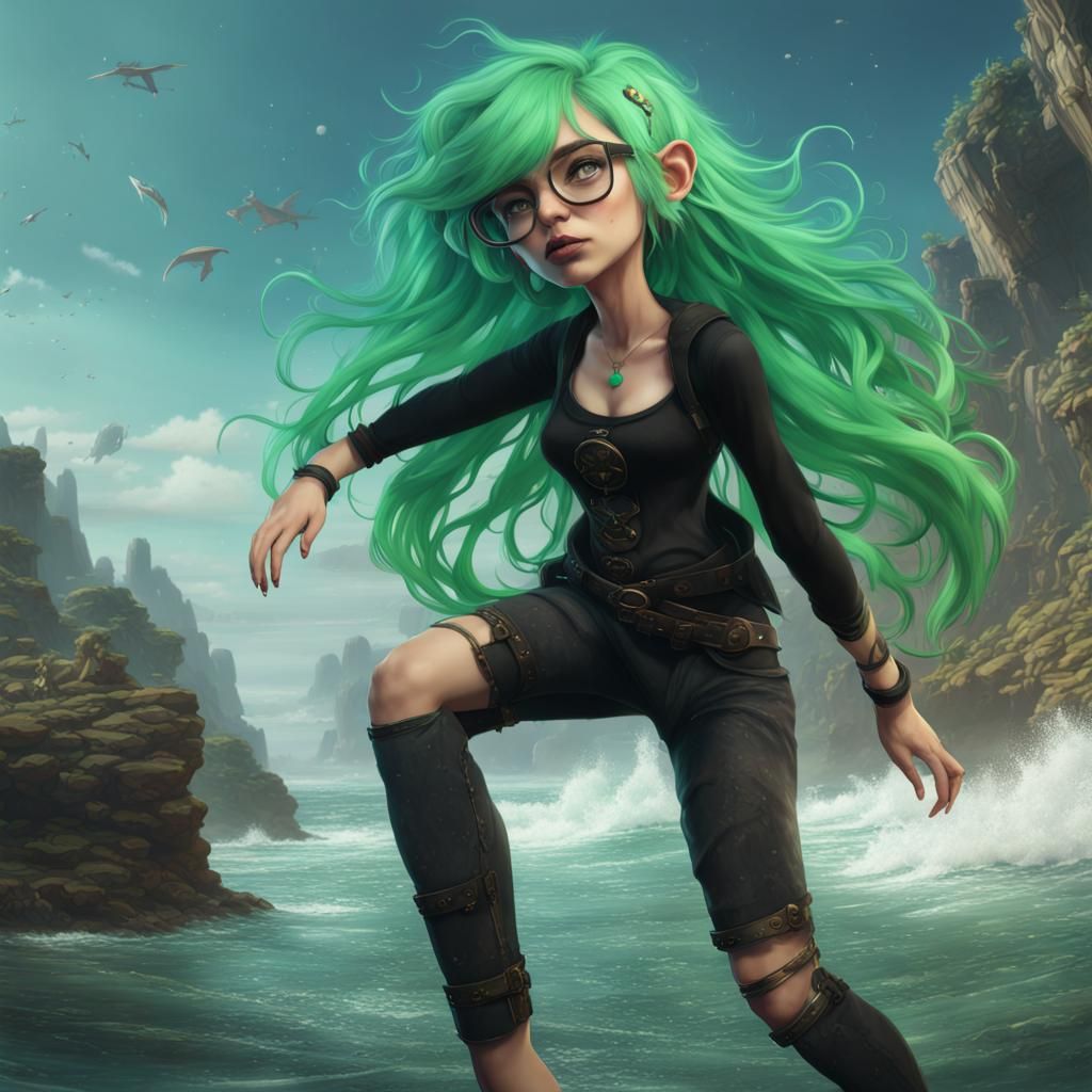 Sea Sick Green Hair Nerd in Detailed Matte Painting