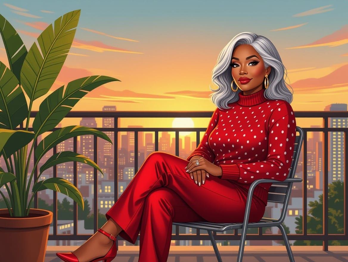 Stylized Cartoon of Woman Overlooking Cityscape