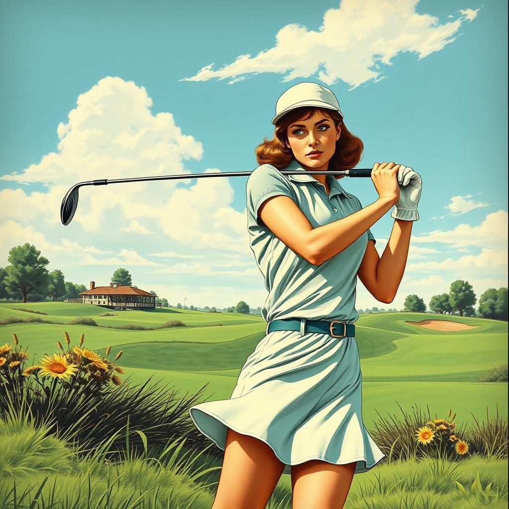 Vibrant Retro Golf Goddess in 1970s Pulp Style