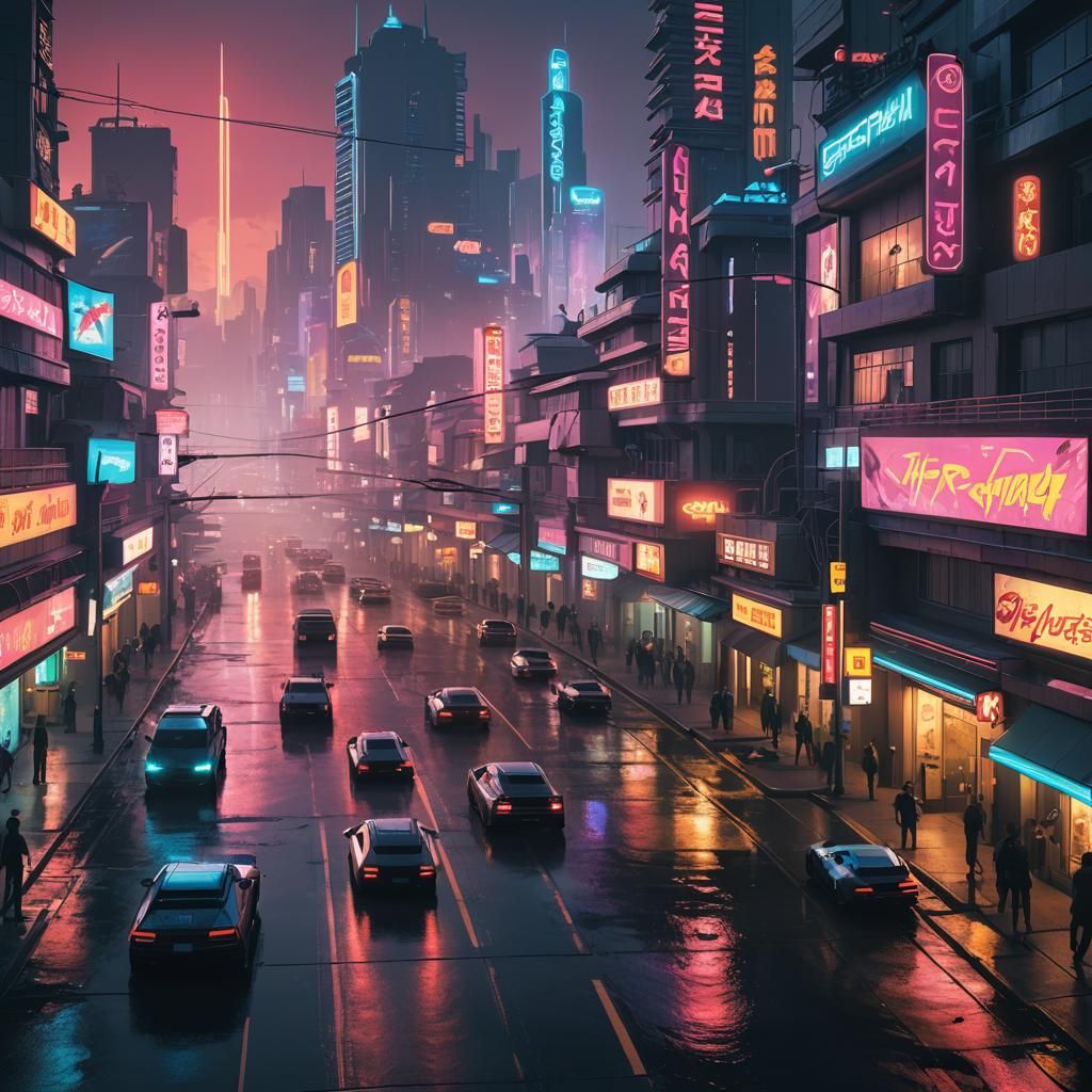 Cosmic Cyberpunk City Street with Neon Lights