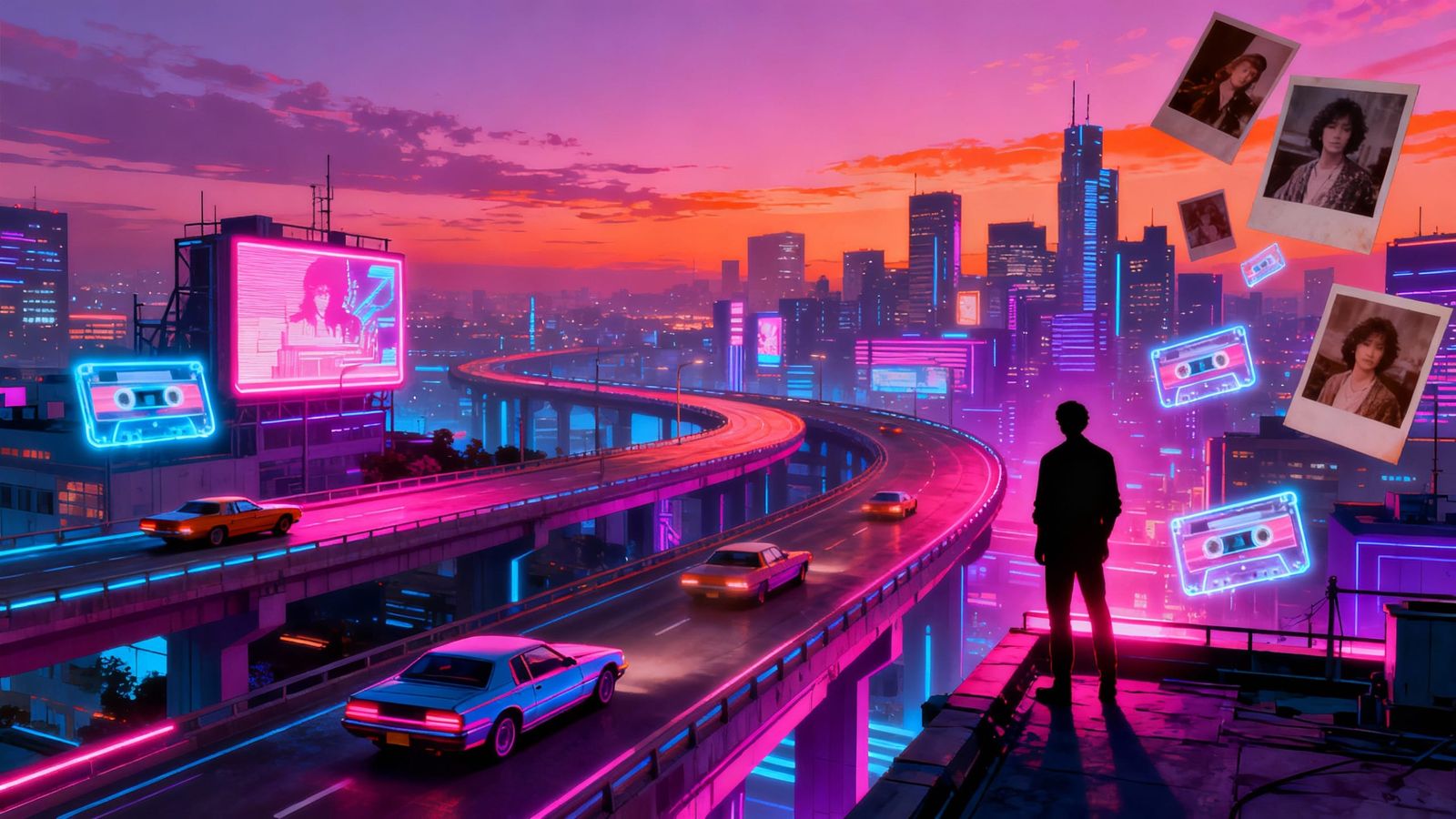 Retro-Futuristic Neon Cityscape with 80s Cars