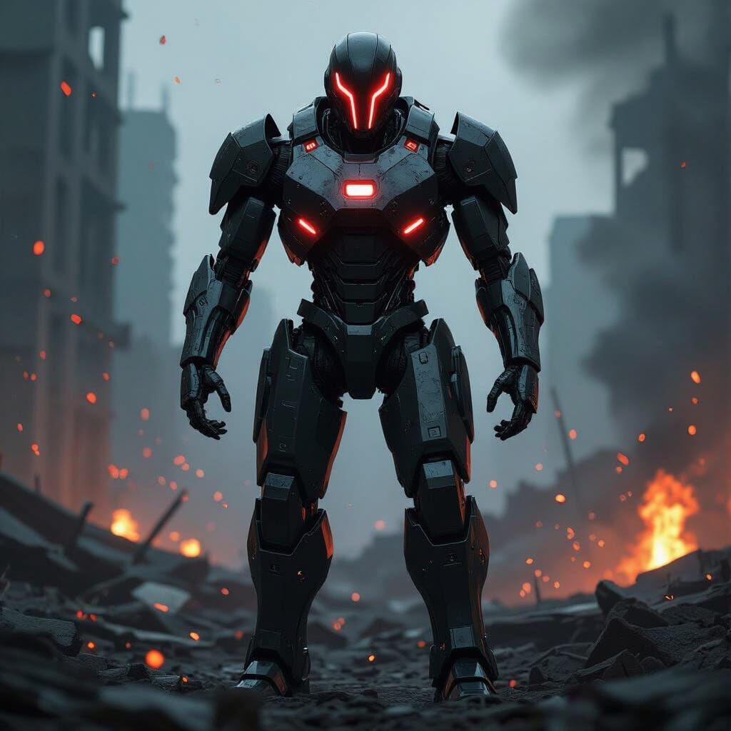 Menacing Robot Supervillain in Ruined Cityscape