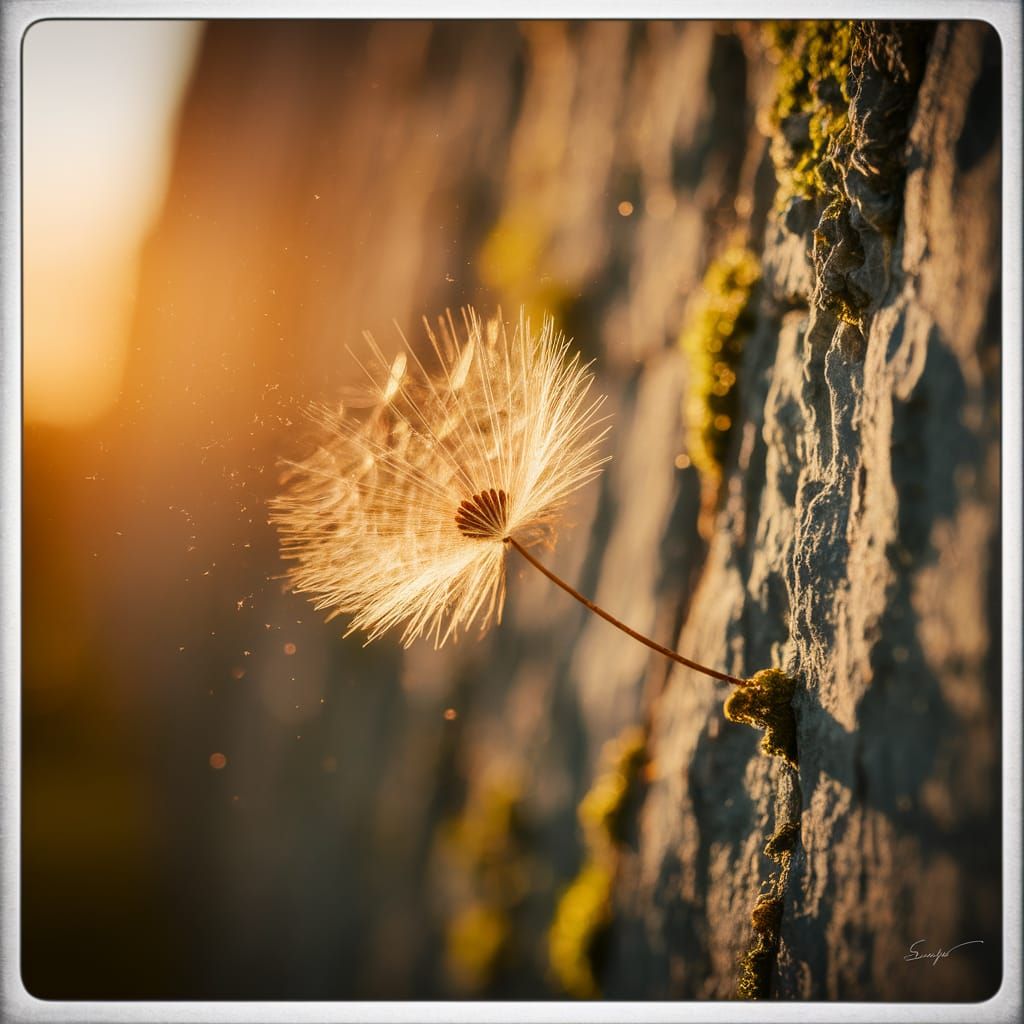 Luminous Dandelion Seed on Ancient Stone Wall