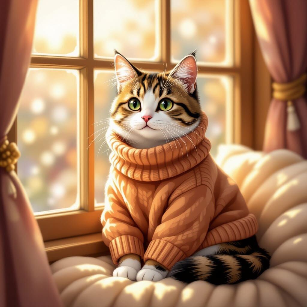 Cute Cat in Sweater, Miyazaki-esque Art