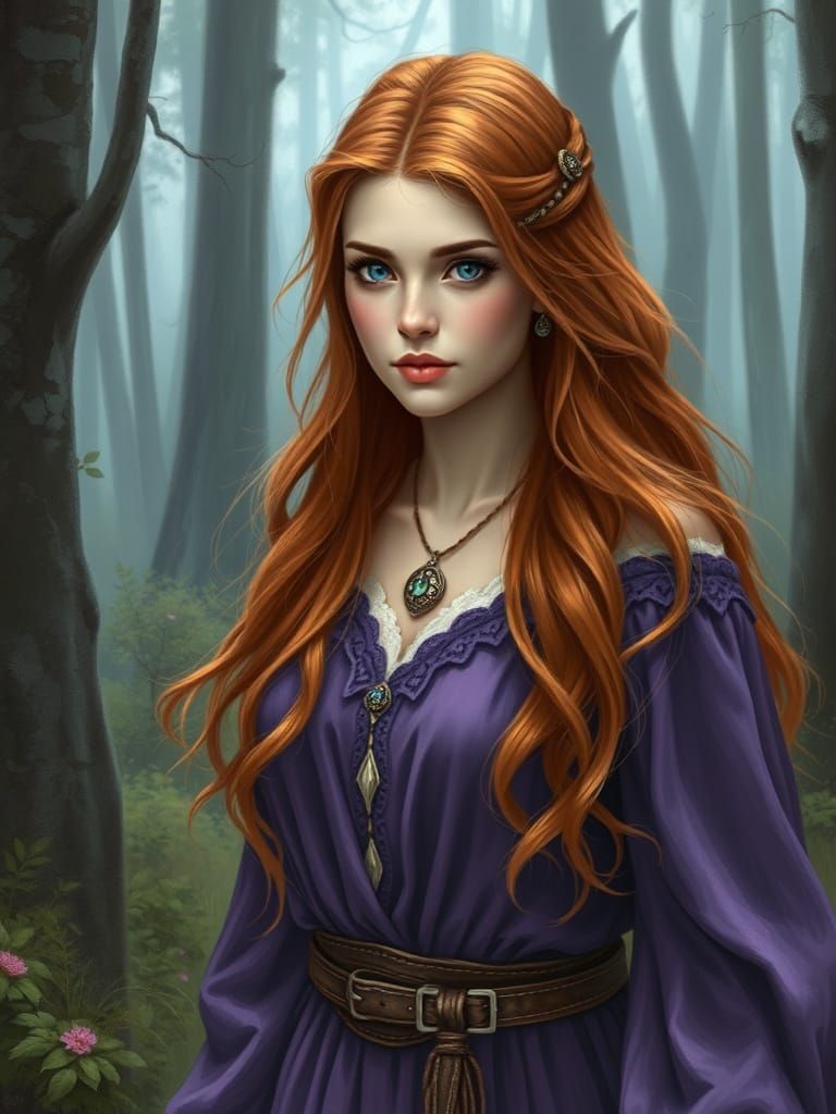 Viking Fantasy Maiden Strolls through Mystical Woods