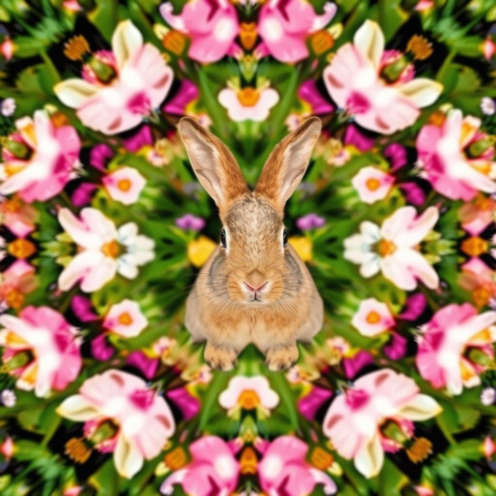 Rabbit and flowers, kaleidoscope view