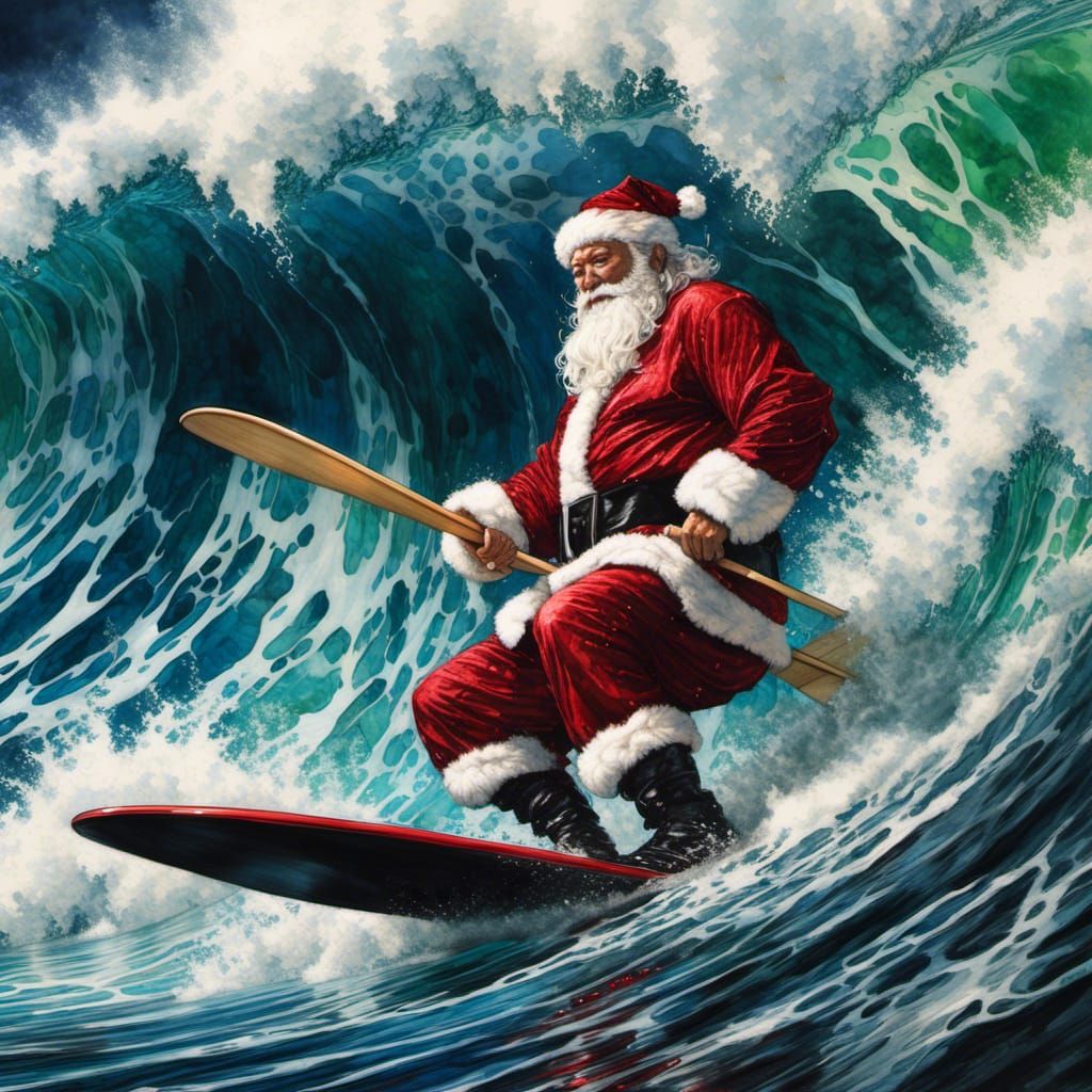 Santa Surfing Tsunami with Hibiscus Landscape