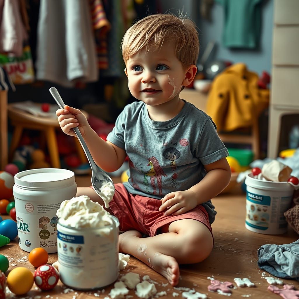 Boy with Giant Spoon in Messy Room, Realistic 4K