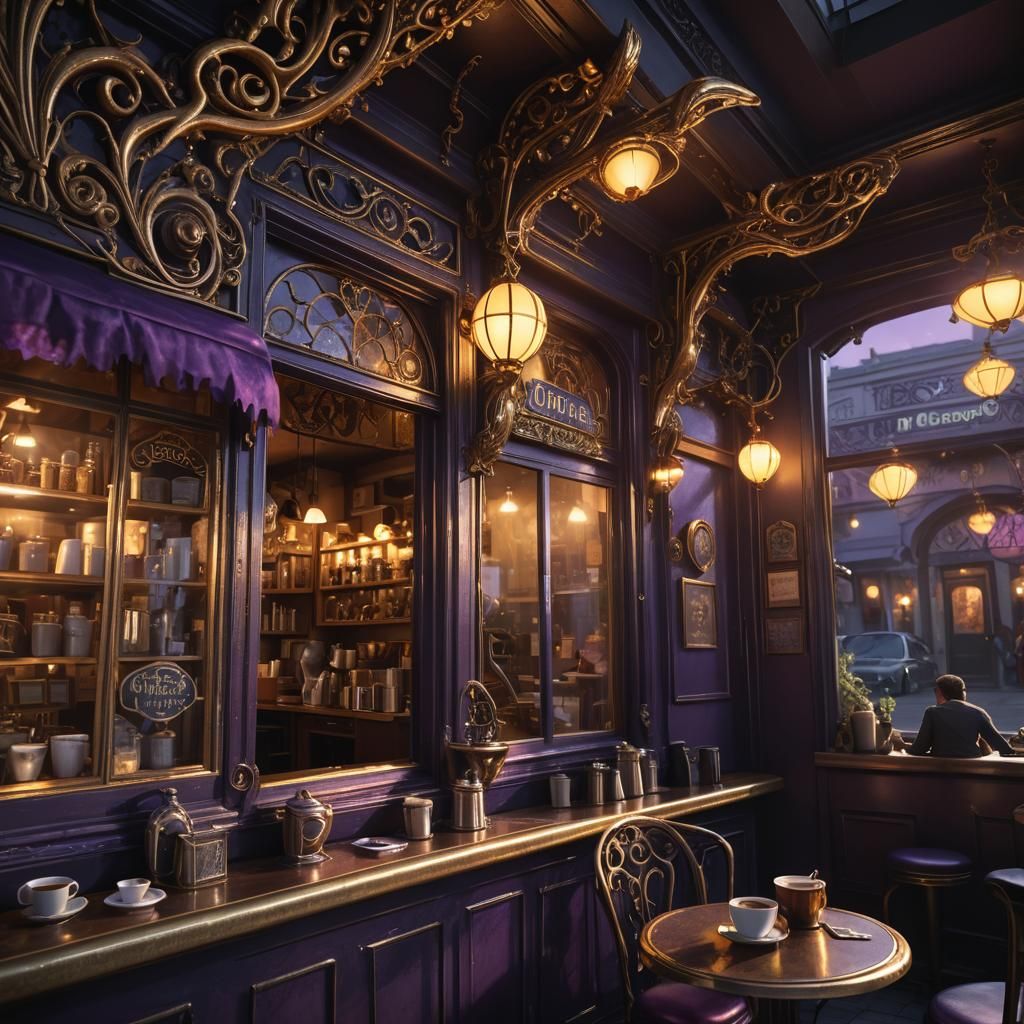 Alien Peeking into Cozy Coffee Shop in Dark Fantasy