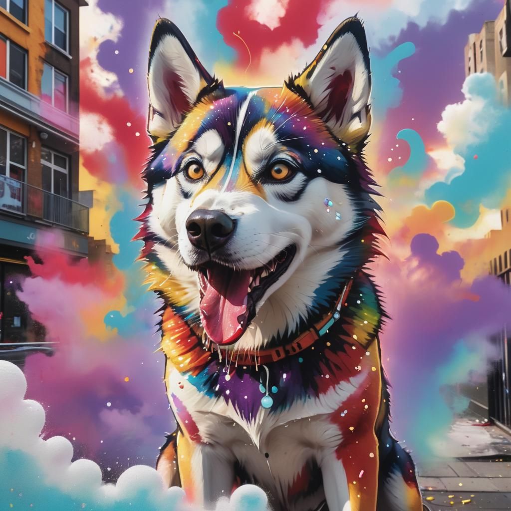 Rainbow Husky in Urban Street Art Style