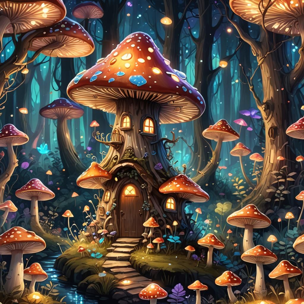 Enchanted Mushroom House in Bioluminescent Forest