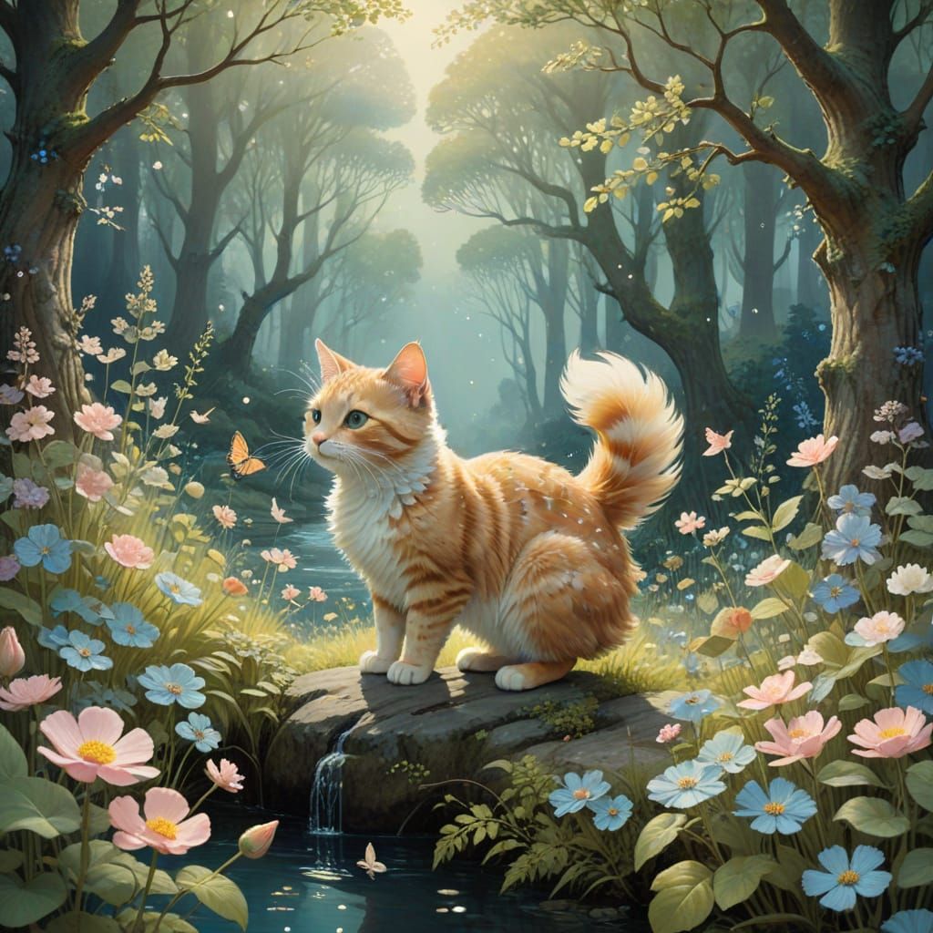 Luminous Winged Cats in Bioluminescent Grove