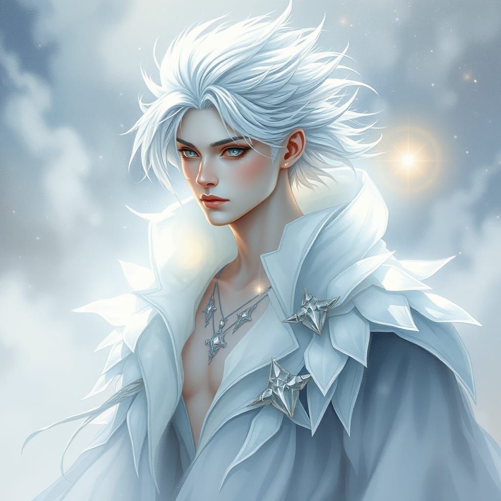 Ethereal Being with Shimmering Skin and Silver Hair Stands A...