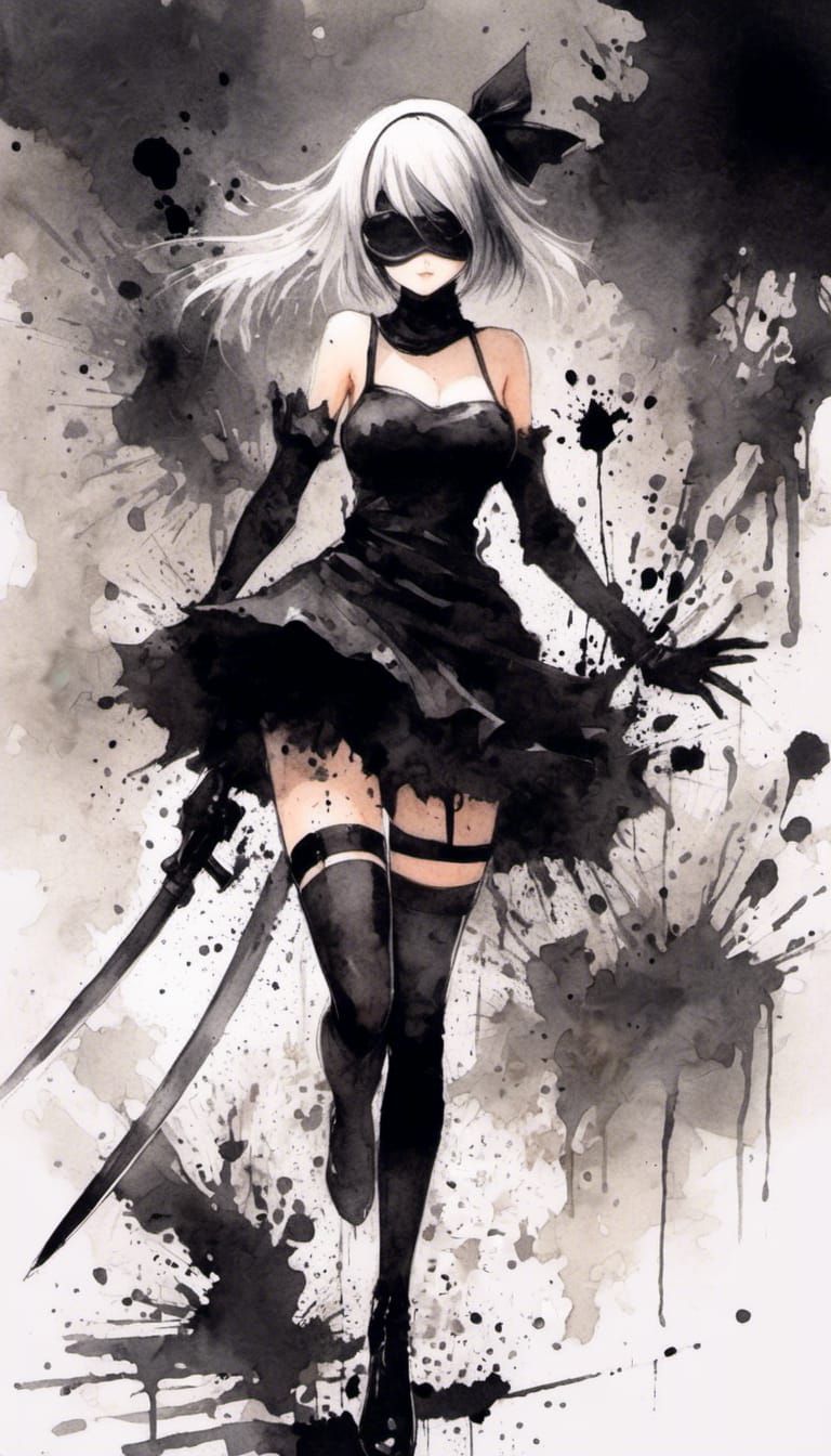 Anime Girl in Ink Splatter Watercolor Art