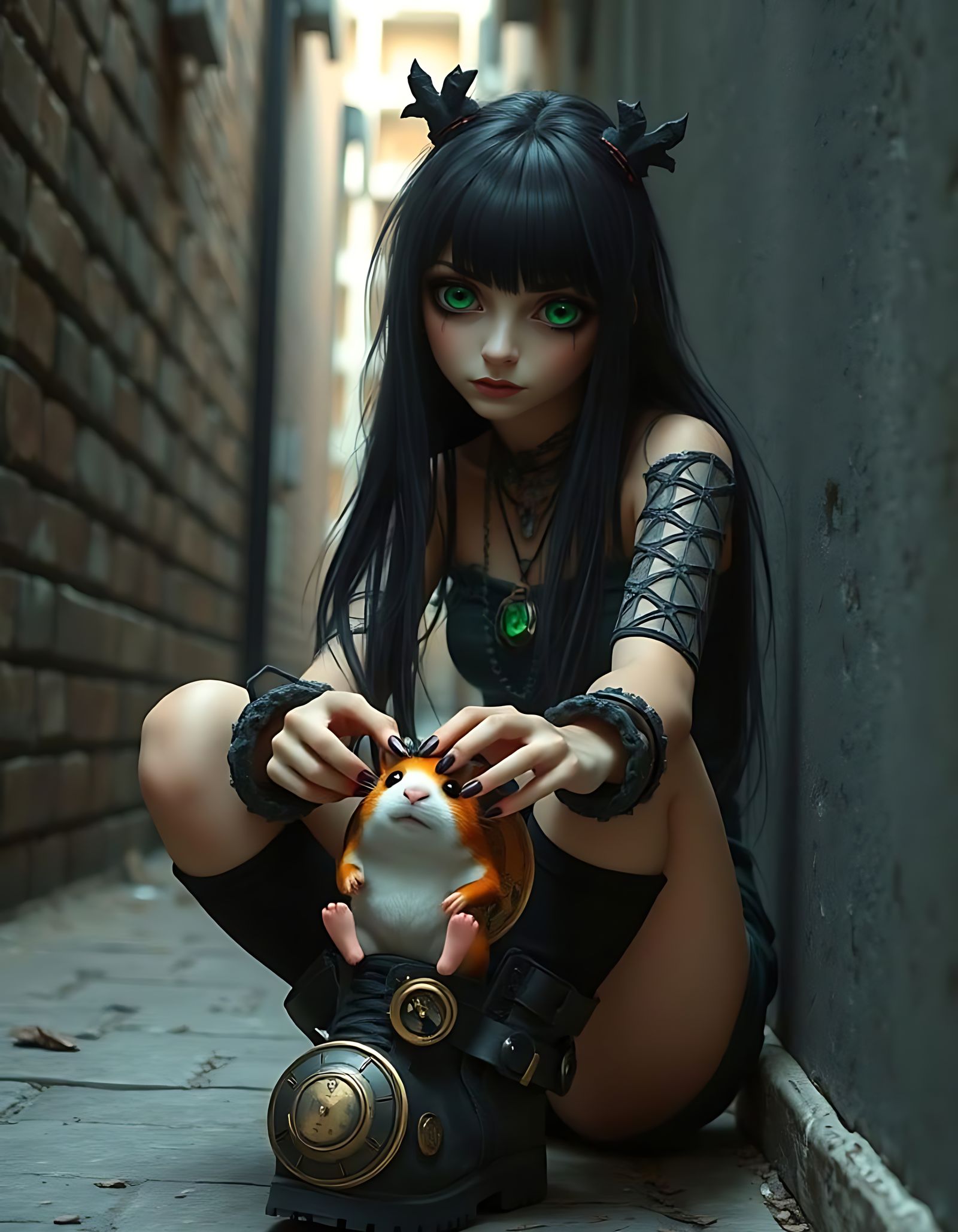 A pretty Gothpunk Neo-cyber girl with long black hair and la...