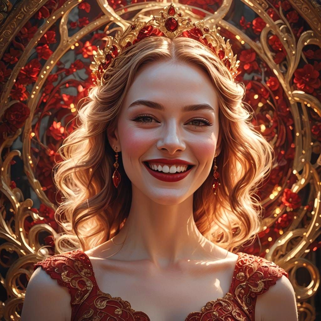 Smiling Girl in Red Dress: Detailed Matte Painting