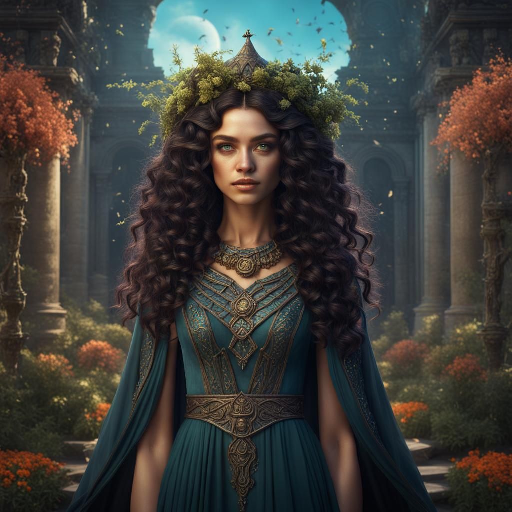 Spring Witch with Grecian Gown in Detailed Matte Painting