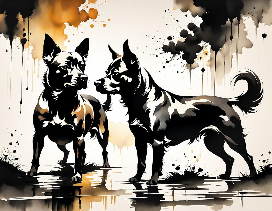 Minimalist Ink Drawing of Two Dogs