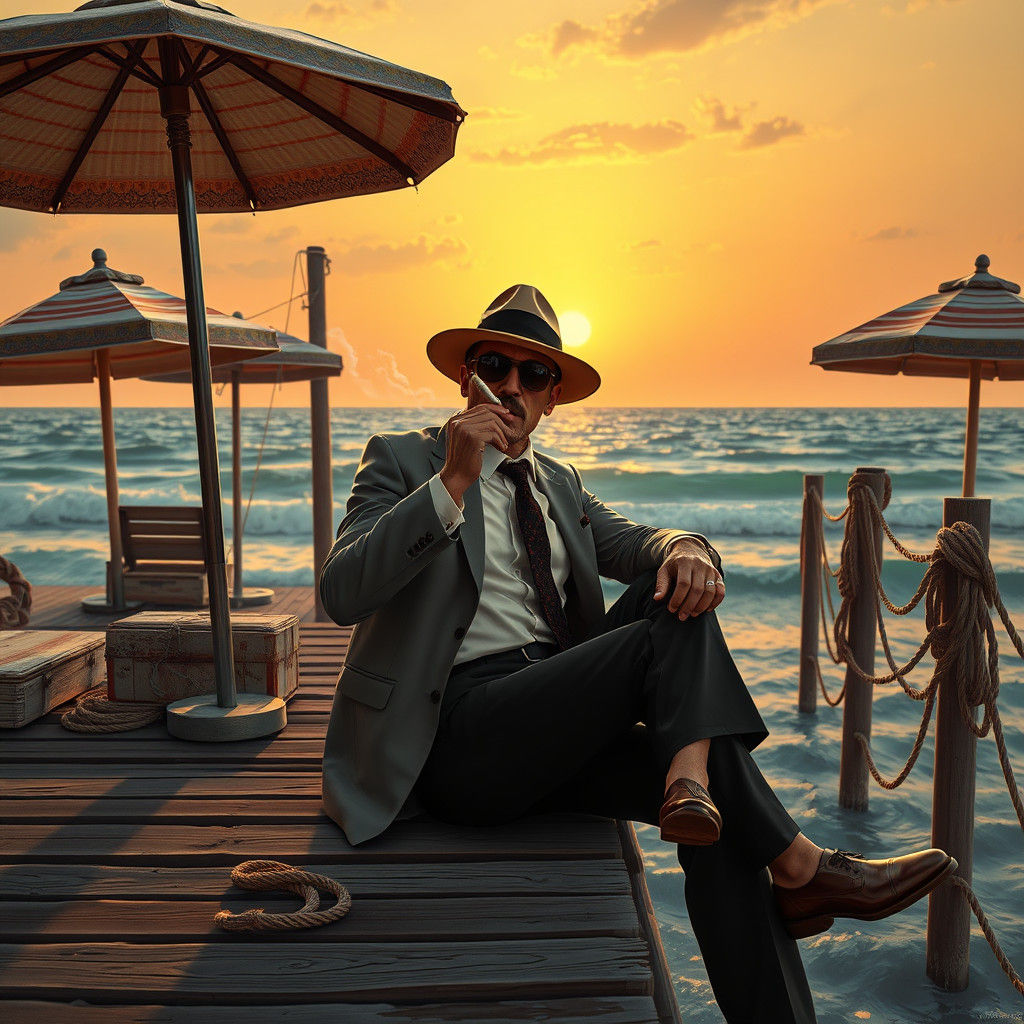 Mafia Boss Smoking Joint at Sunset: Digital Painting