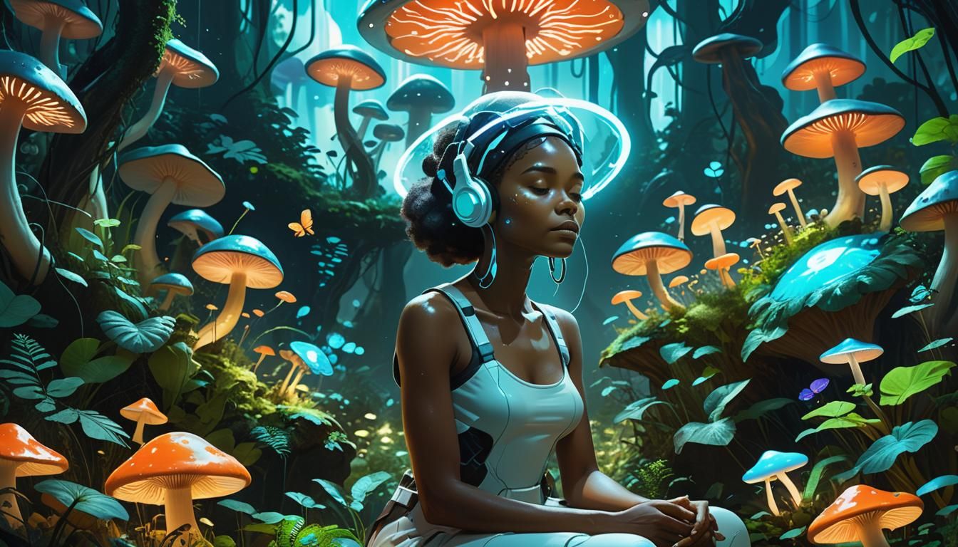 Woman Meditating in Bioluminescent Art Nouveau Garden