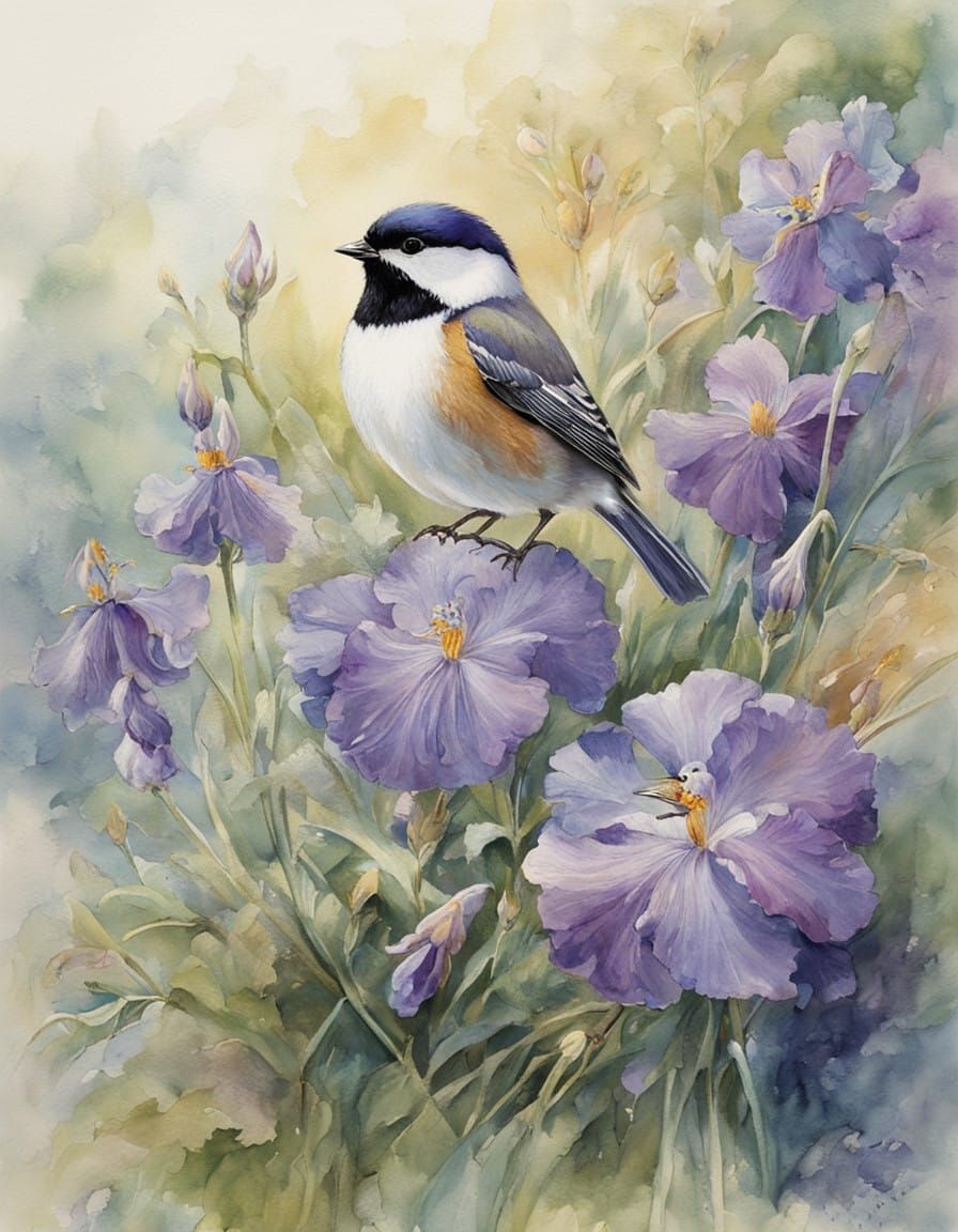 Whimsical Chickadee in a Floral Wonderland