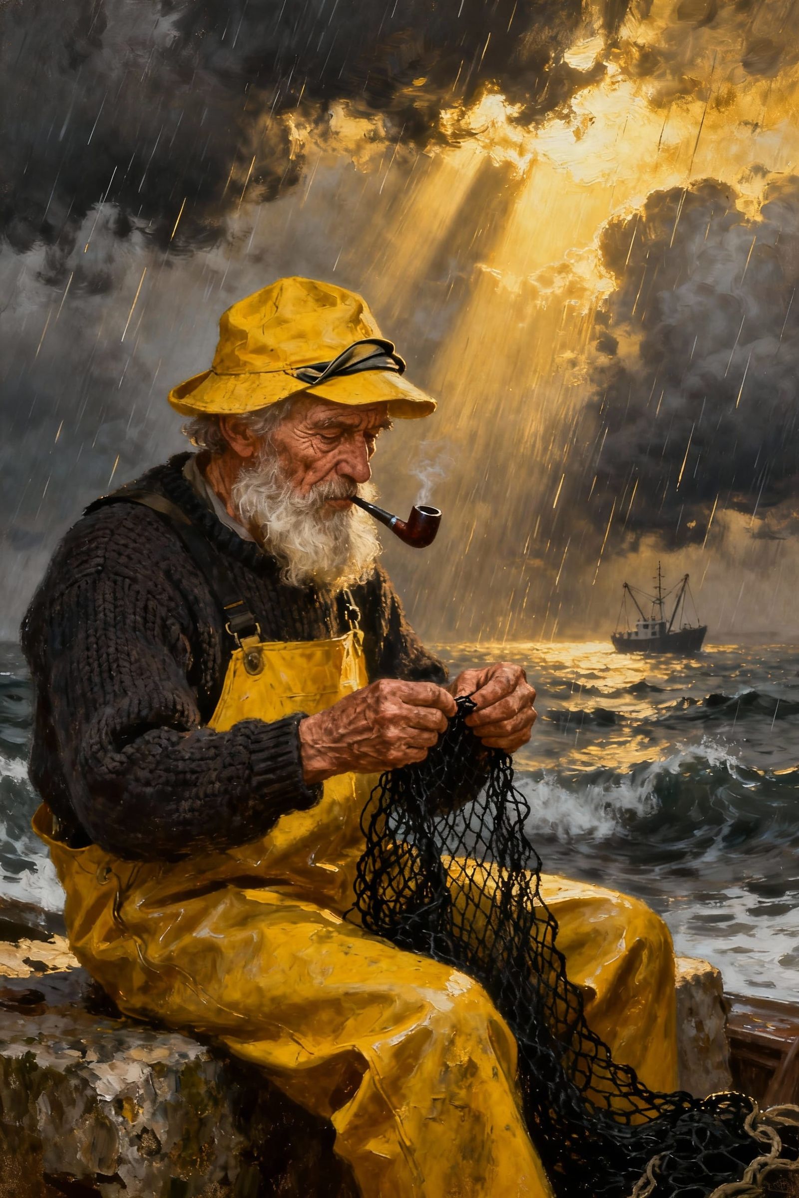 Old Fisherman Mending Net in Dramatic Rainstorm