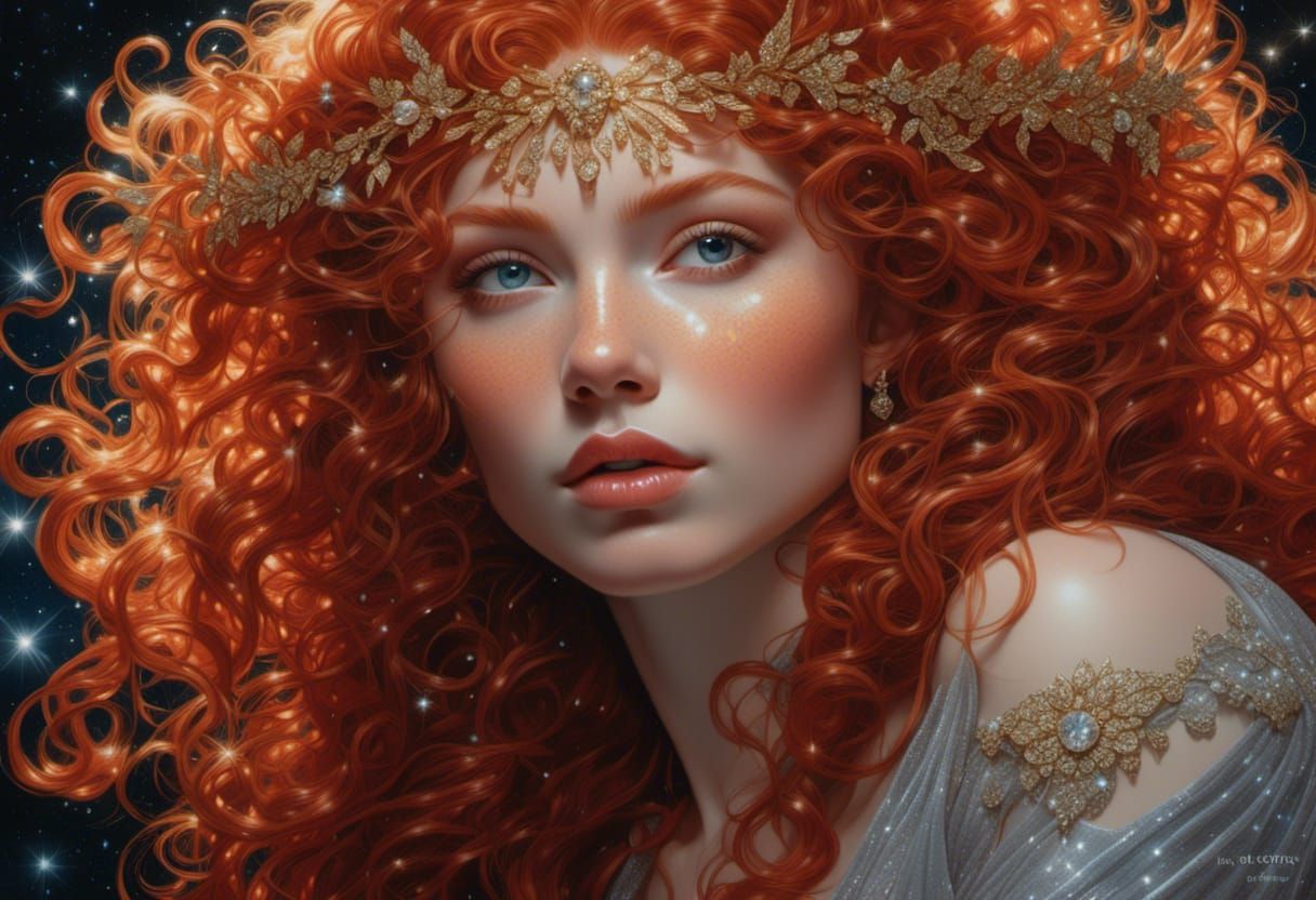 Sparkling Red-Haired Goddess Portrait with Diamond Dust