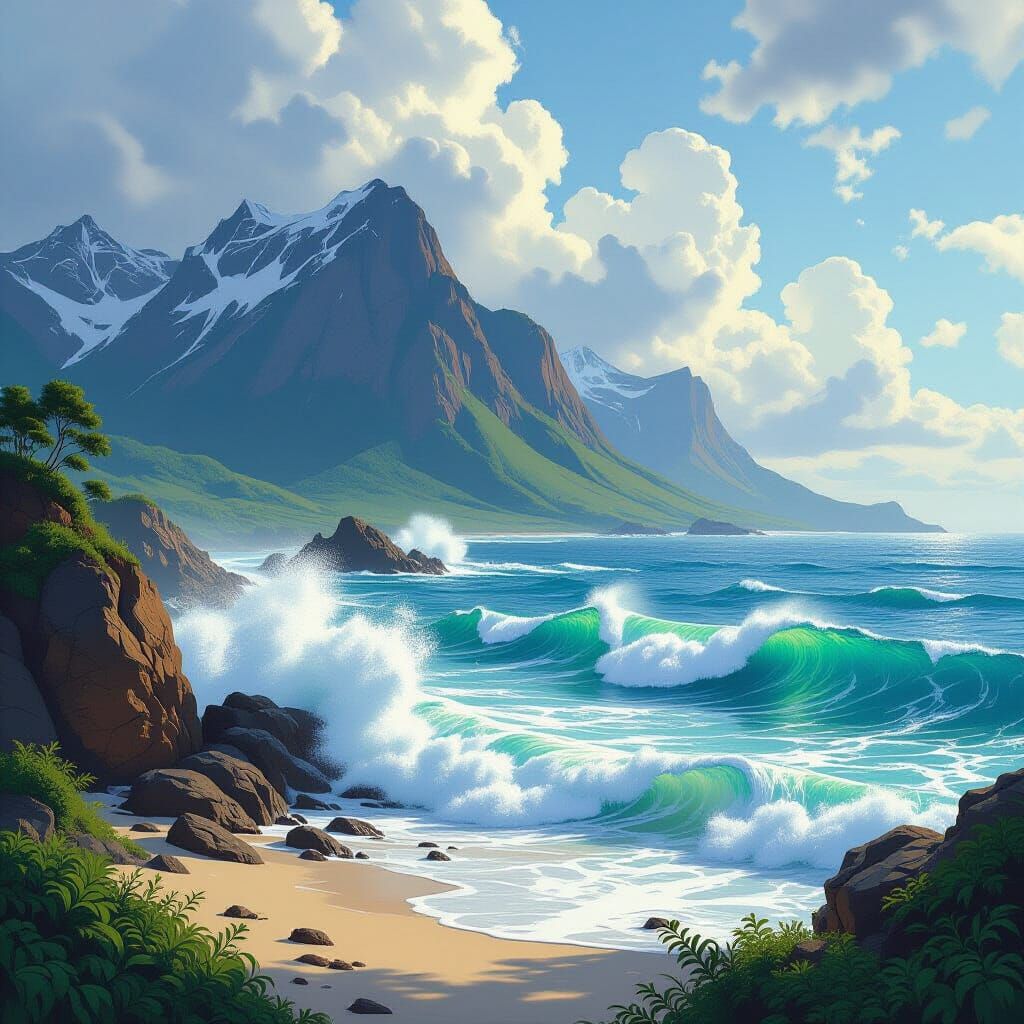 Majestic Seaside Mountain Landscape in Realistic Style